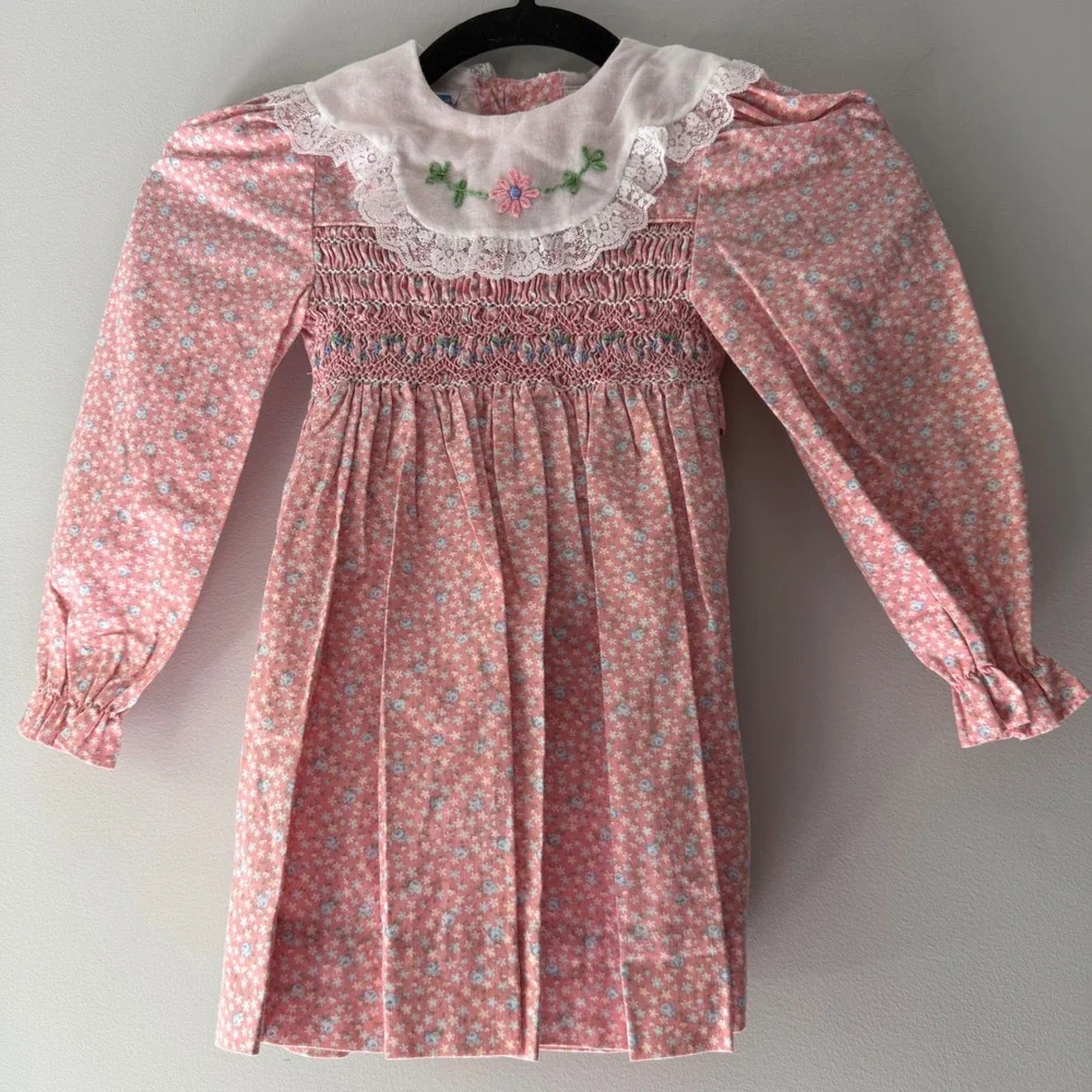 Vintage Smocked Floral Dress Girls Toddler Pink Lace Collar‎ Long Sleeve